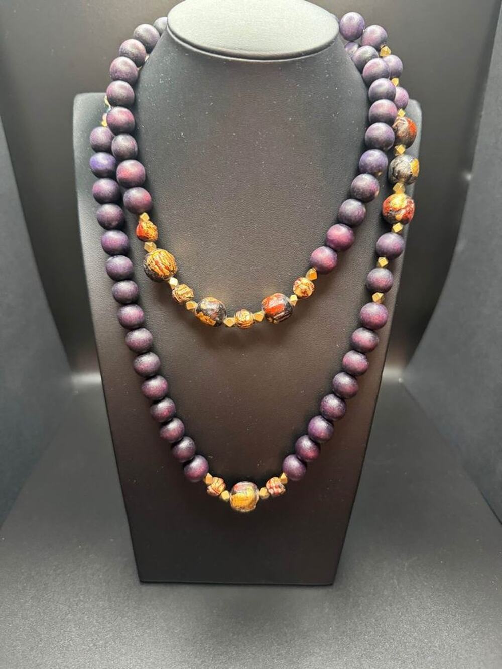 Vintage Wooden and Handmade Gold Leaf Beaded Necklace by Melina